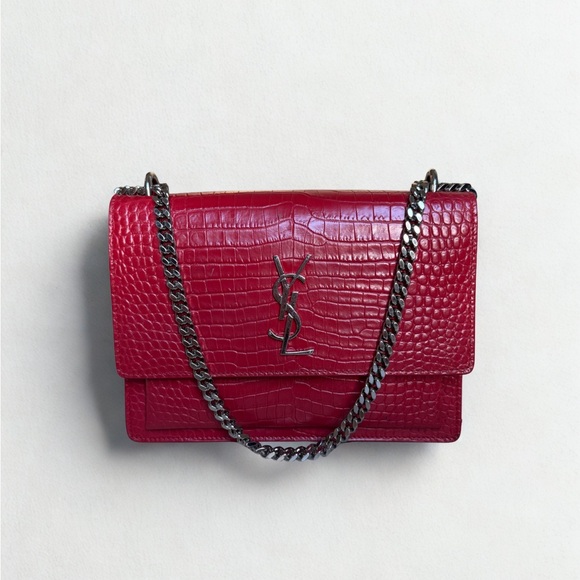 Yves Saint Laurent Handbags - Yves Saint Laurent Red Croc-Embossed Shoulder Bag
